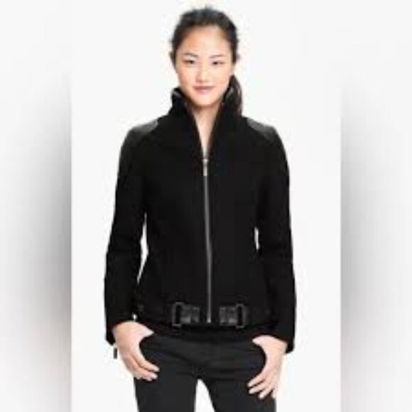 Trina Turk wool blend classic  jacket with leather trim black  zip  size 6 - Picture 1 of 10